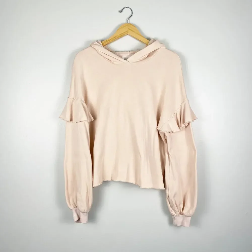 Nation LTD Ruffle Trim Hooded Sweatshirt in Light Pink Small - Picture 1 of 7